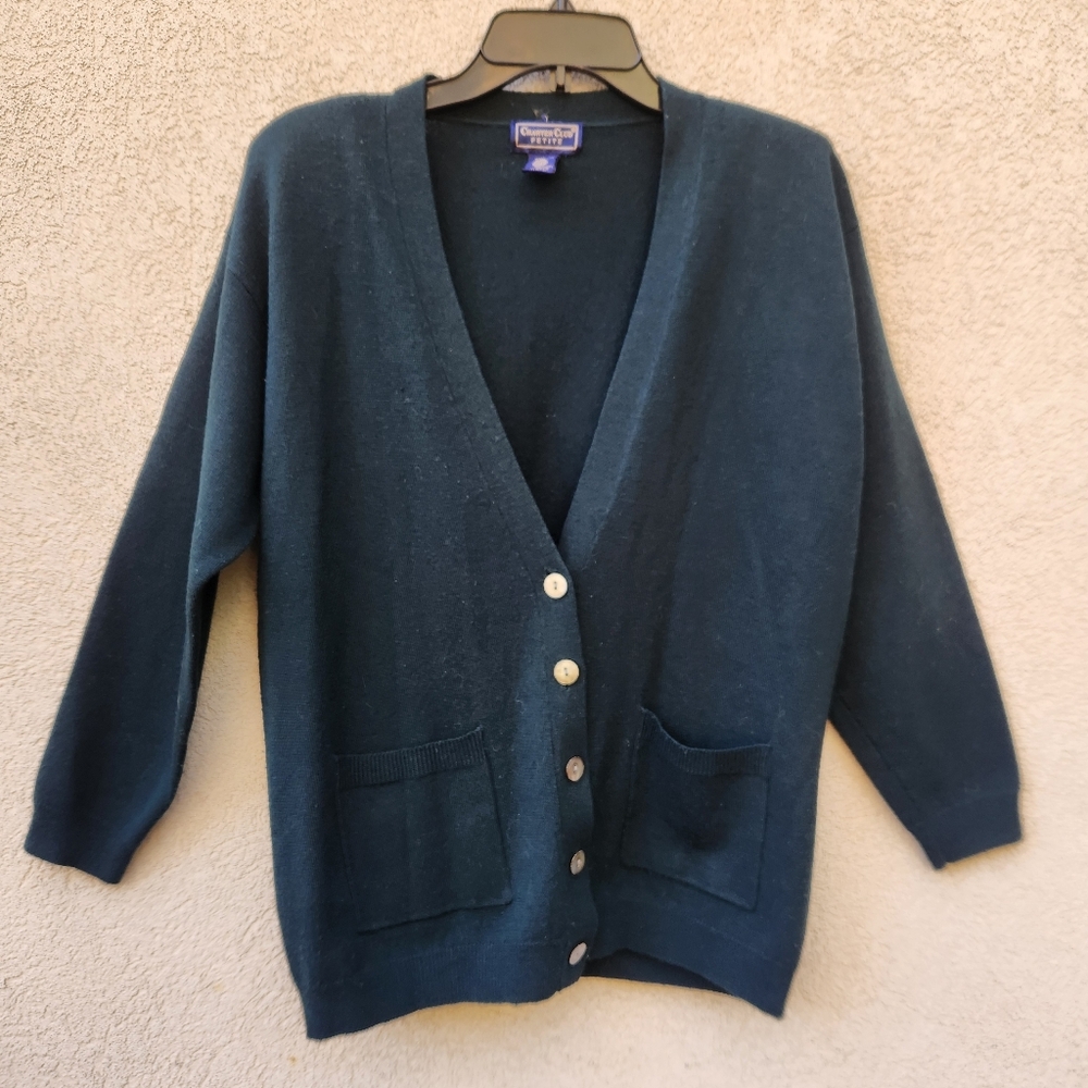 CHARTER CLUB PETITE Women's Cardigan Medium Green Wool Grama Sweater Vintage - Picture 1 of 9